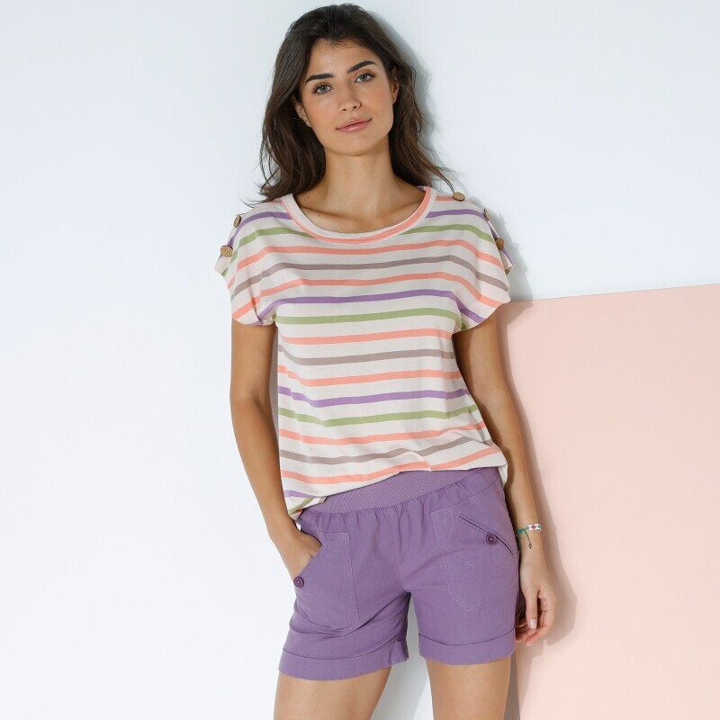 T-shirt w paski z kokosowymi guzikami na ramionach