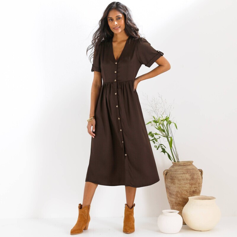 Jednofarebné midi šaty na zapínanie