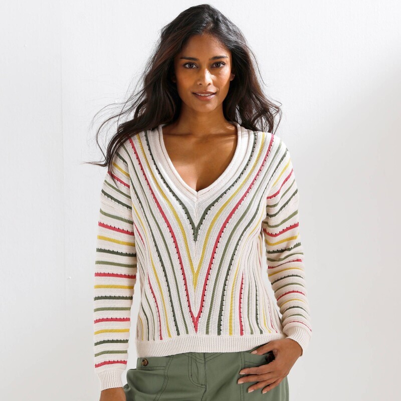 Pulóver s prúžkami a výstrihom do V