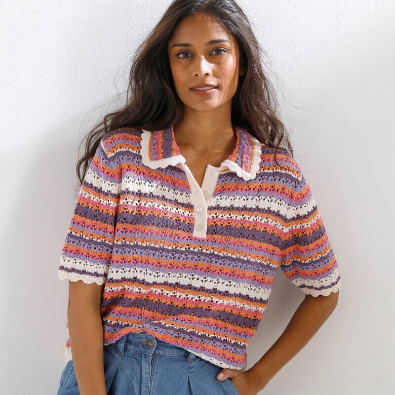 Ažúrová prúžkovaná blúzka s golierom