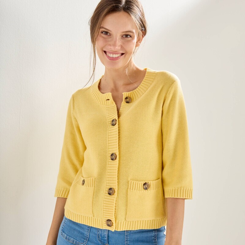 Propínací svetr s kapsami a 3/4 rukávy