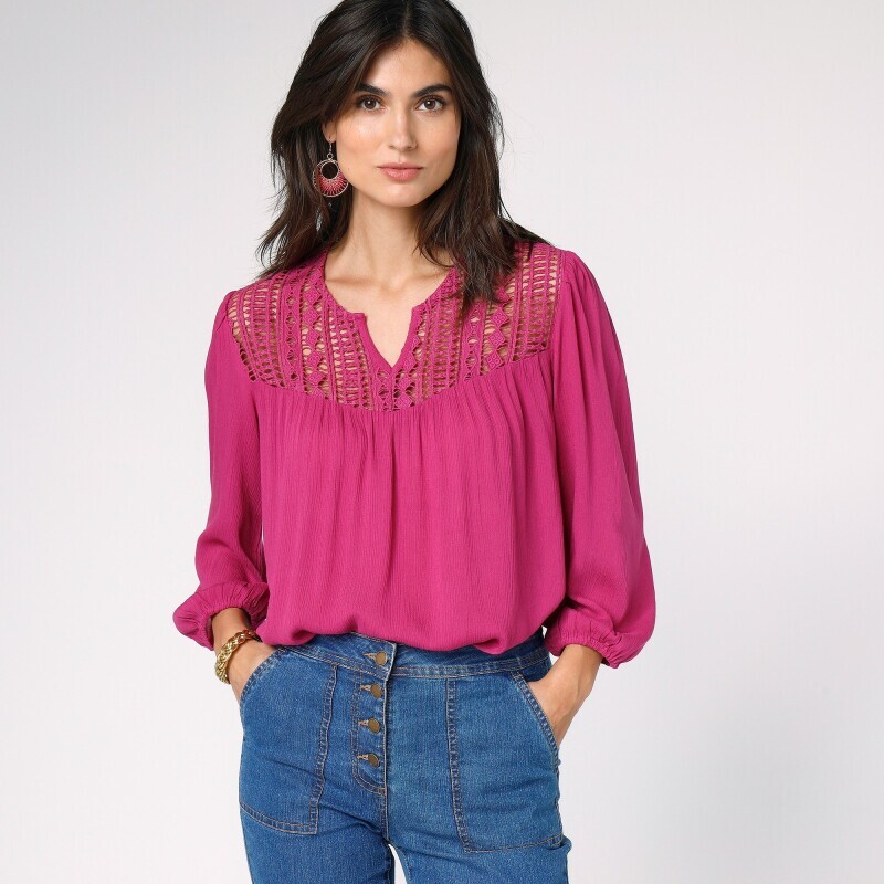 Bluzka z krepy w jednolitym kolorze z makramą i rękawami 3/4