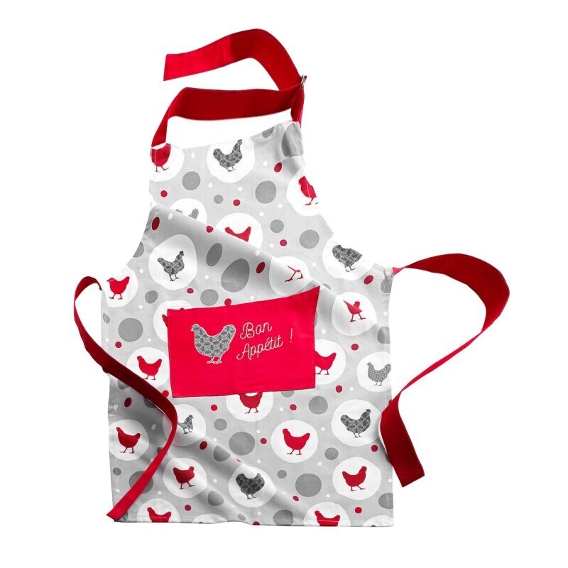 Kuchyňská zástěra s laclem a potiskem slepiček, výšivka Bon appétit!
