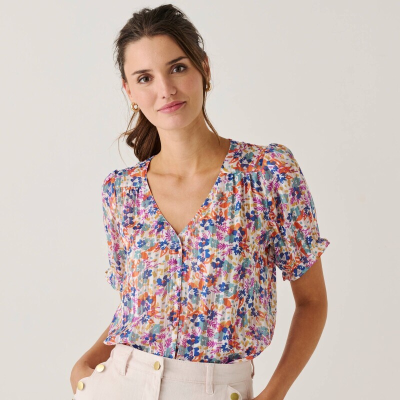 Bluzka z woalu z guzikami, z nadrukiem