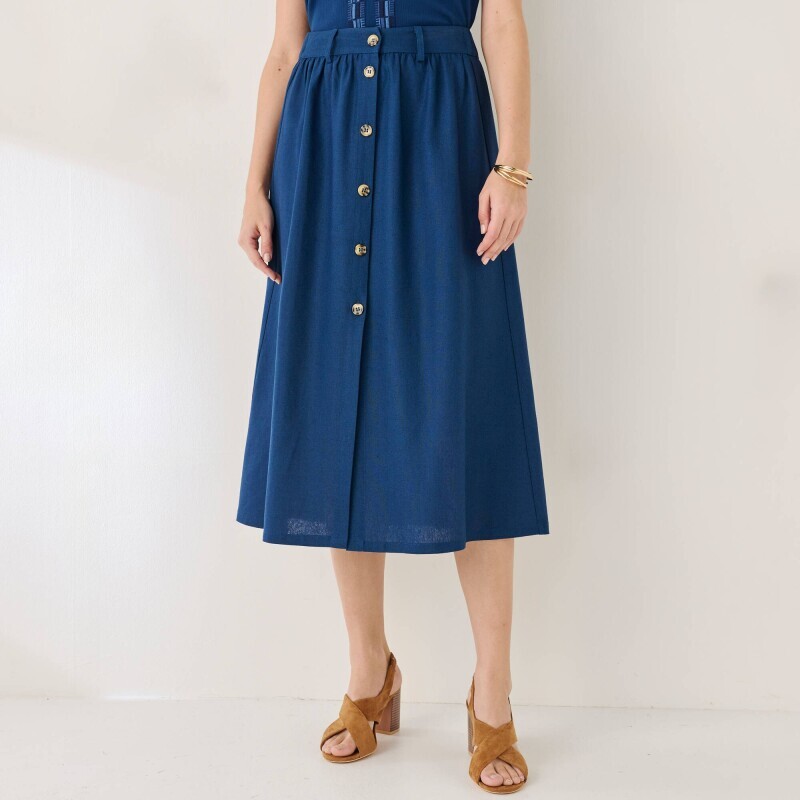 Однотонна спідниця міді на ґудзиках з лляною сумішшю