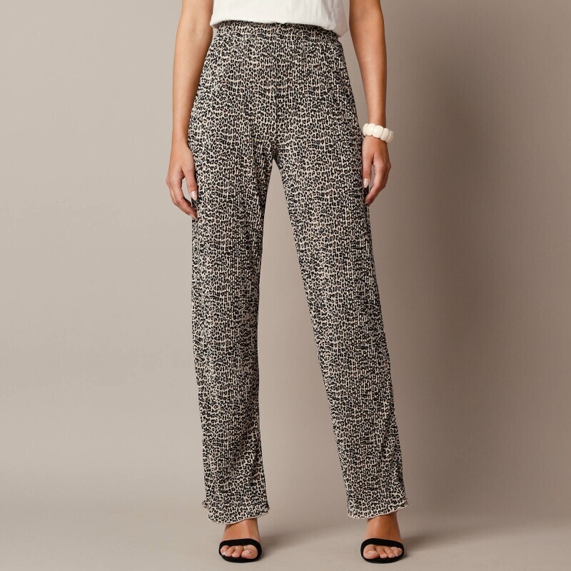 Nohavice z lesklého plisovaného úpletu s potlačou