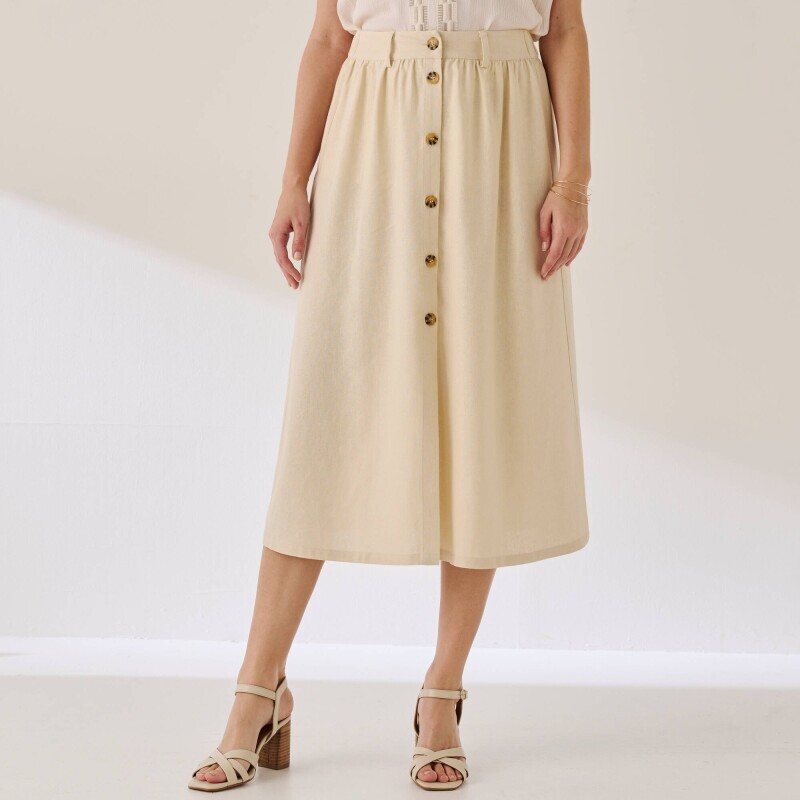 Однотонна спідниця міді на ґудзиках з лляною сумішшю