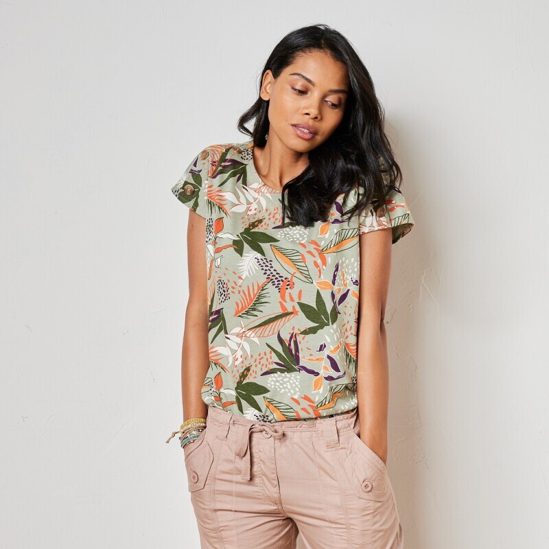 T-shirt z nadrukiem i guzikami na ramionach