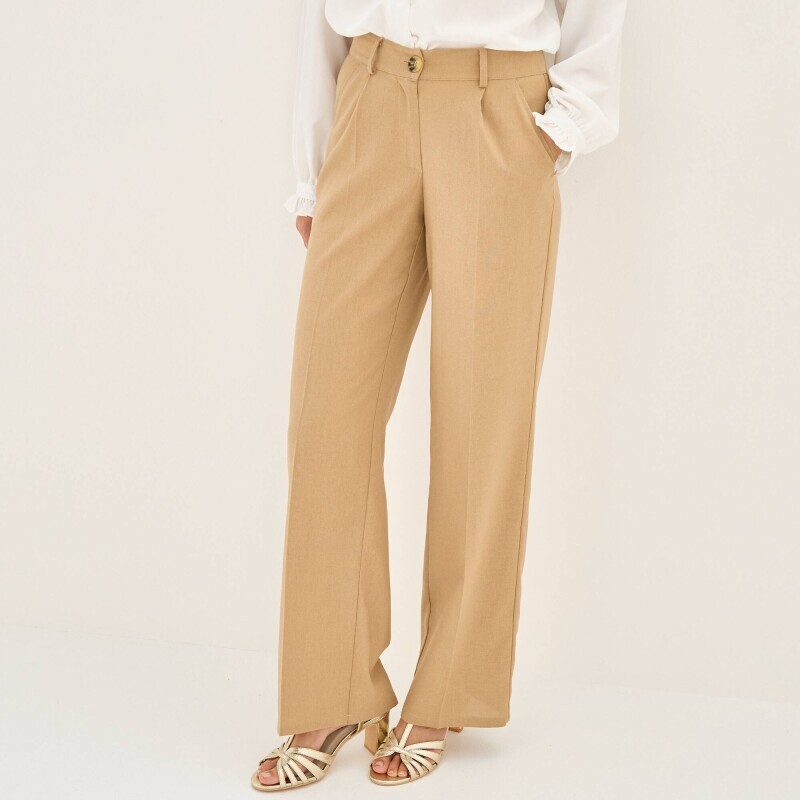 Широкі, однотонні штани зі складками та змішаним льоном