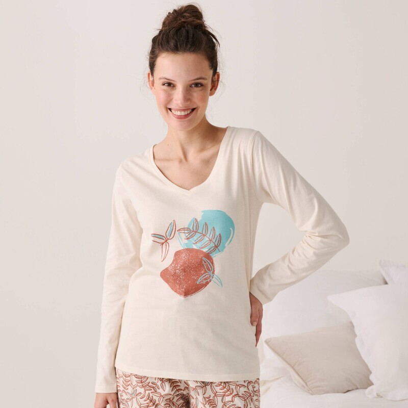 Bluzka piżamowa z długim rękawem i nadrukiem liści