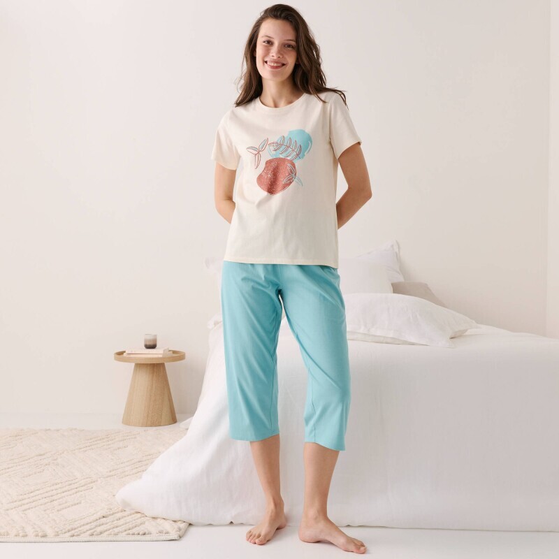 Bluzka piżamowa z krótkim rękawem i nadrukiem liści