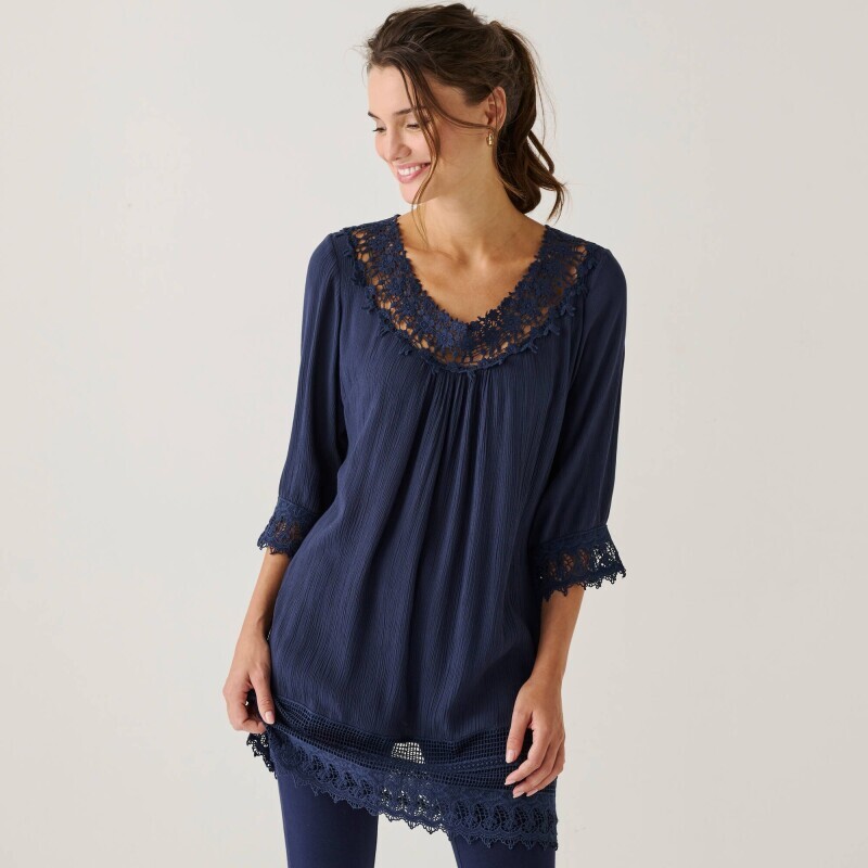 Tunika z krepy z rękawami 3/4 i makramą