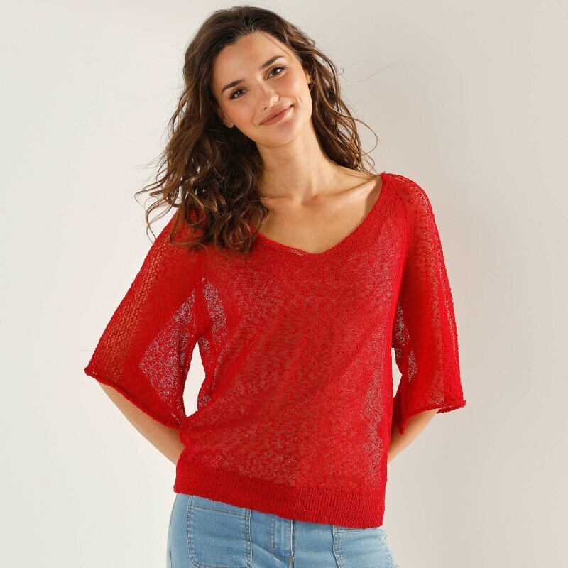 Вільний светр з рукавами до ліктя, ефект в'язання гачком