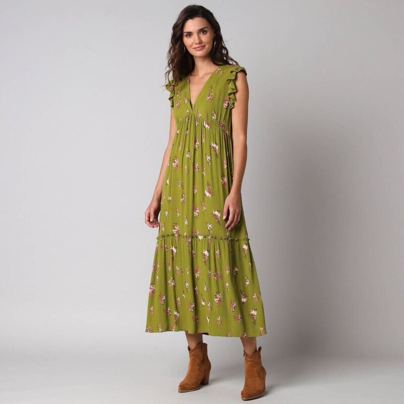 Dlouhé šaty s výstřihem do V a potiskem květin