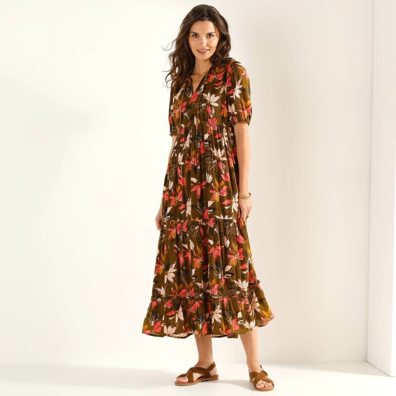 Dlhé volánové šaty s potlačou