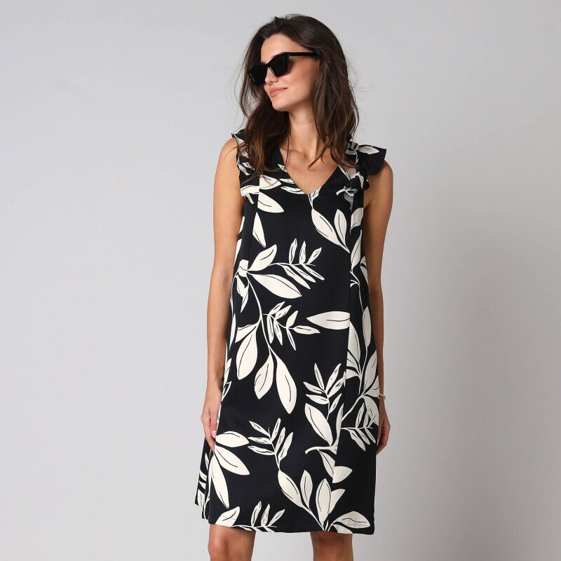 Krótka sukienka z dekoltem w serek i nadrukiem liści