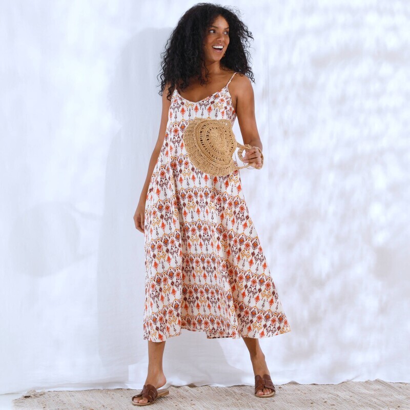 Dlhé šaty s tenkými ramienkami a potlačou