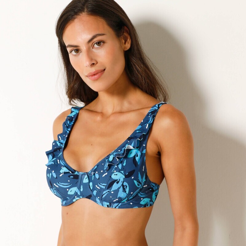 Plavková trojuholníková podprsenka Lokia s volánmi, s flexi kosticami