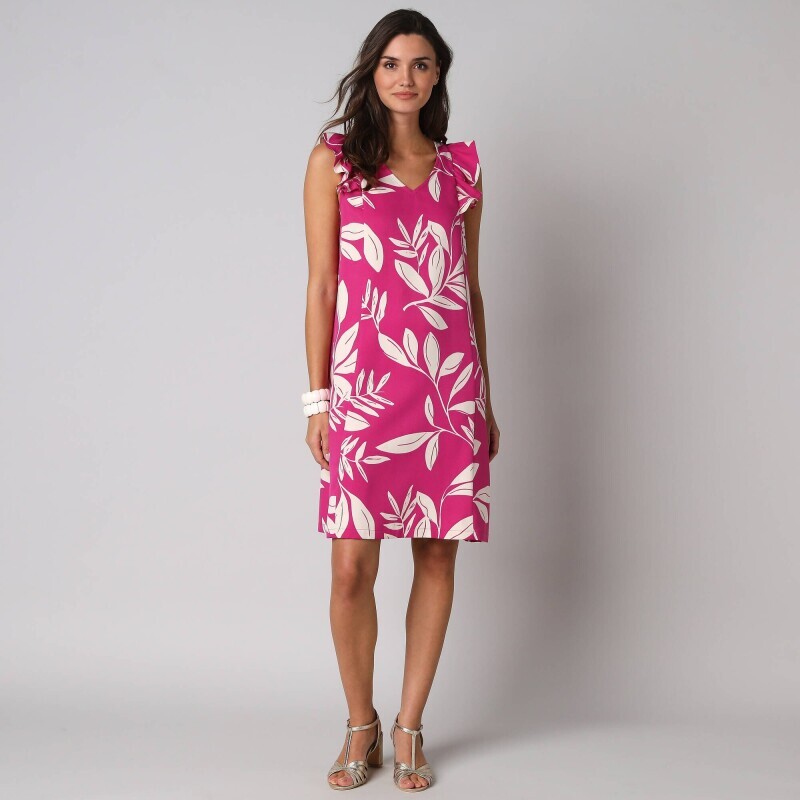 Krótka sukienka z dekoltem w serek i nadrukiem liści