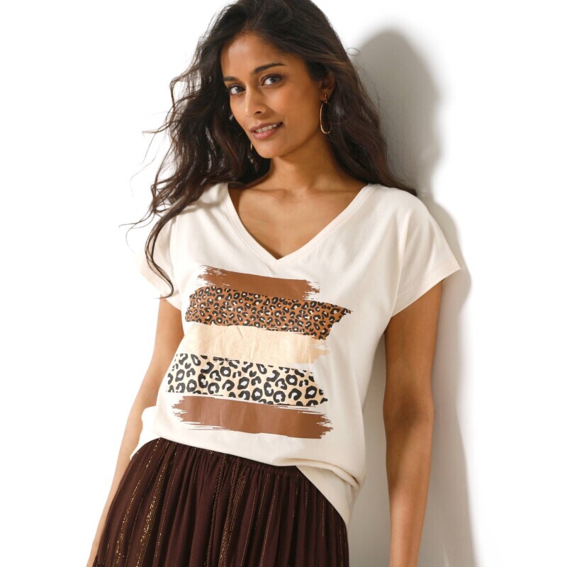 Koszulka z dekoltem w serek i brokatowym nadrukiem