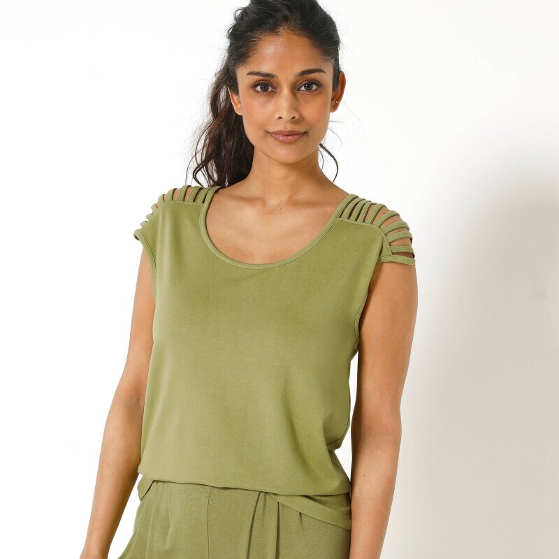 Однотонна футболка з декоративними шнурами на плечах