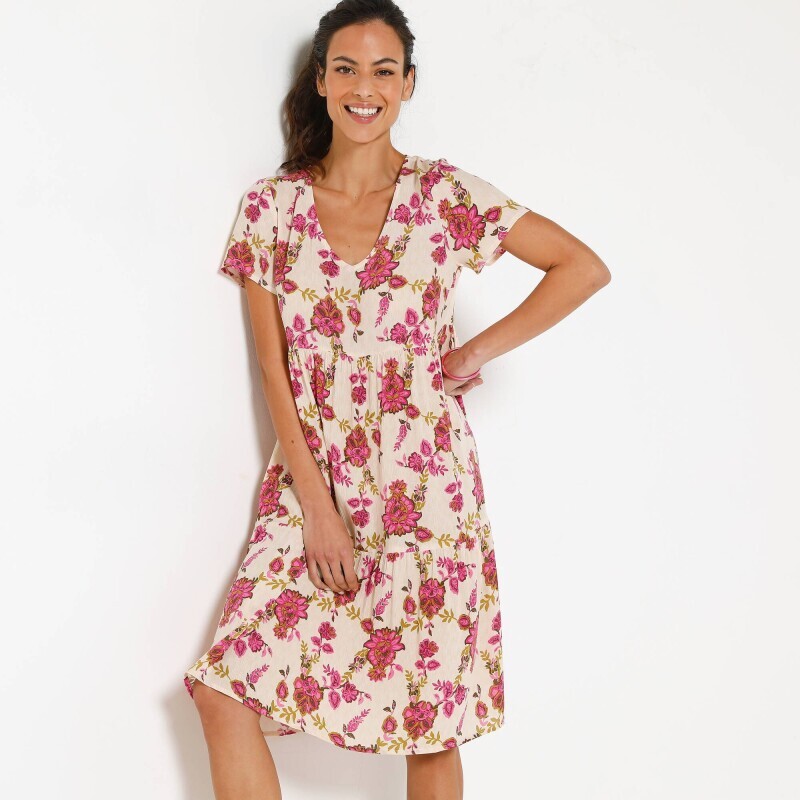 Krótka sukienka z krepy z dekoltem w serek i kwiatowym nadrukiem