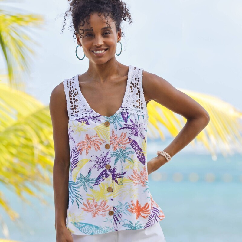 Top s macramé a ozdobnými knoflíky, s potiskem