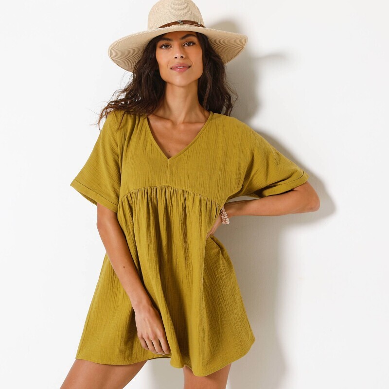 Muszlin tunika V-nyakkal és rövid ujjakkal