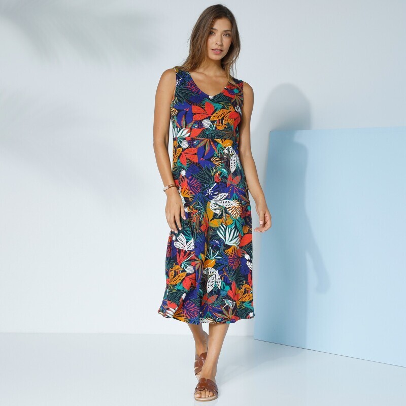 Rochie midi evazată fără mâneci cu imprimeu