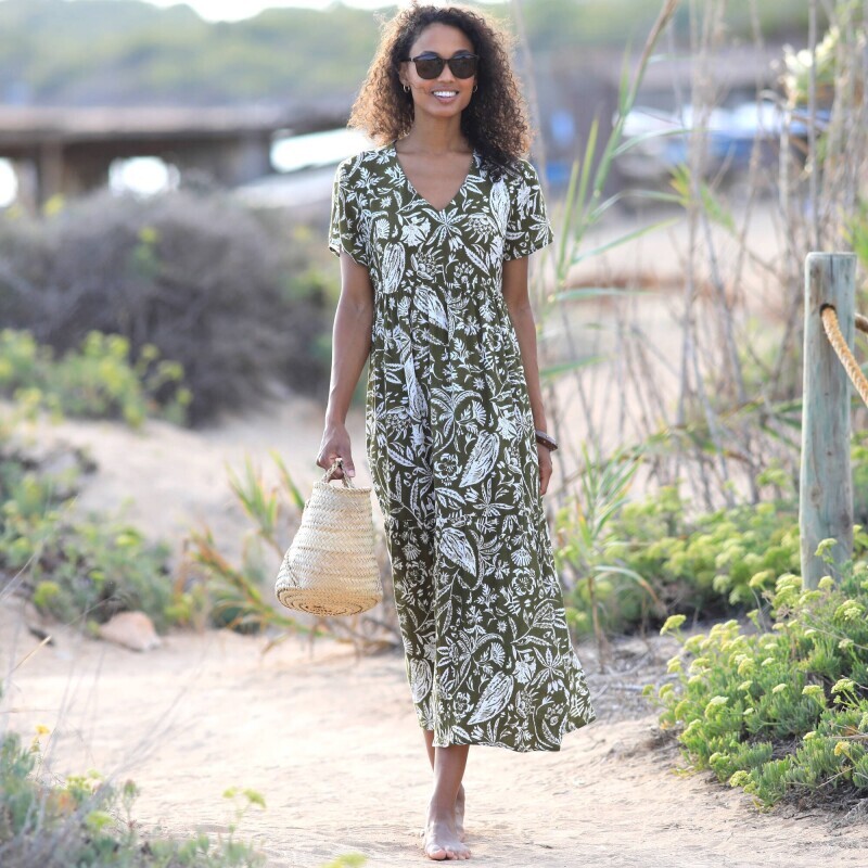 Kreponové midi šaty s výstřihem do V a potiskem