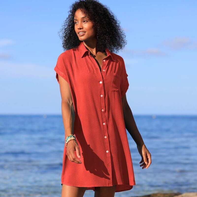 Однотонна пляжна коротка крепова сукня-сорочка