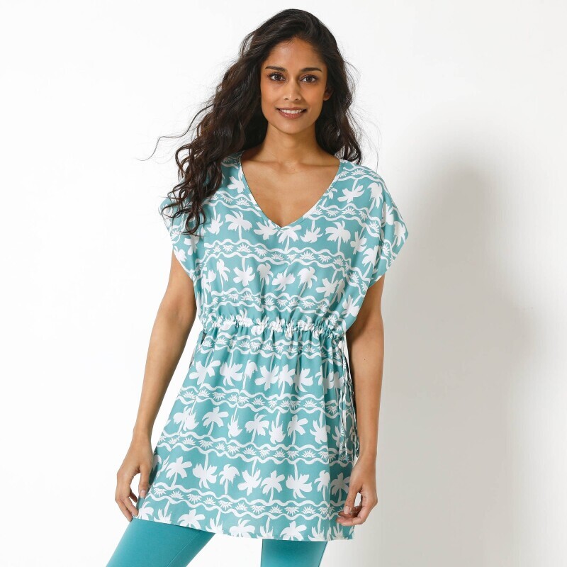 V-nyakú tunika pálmafa mintával