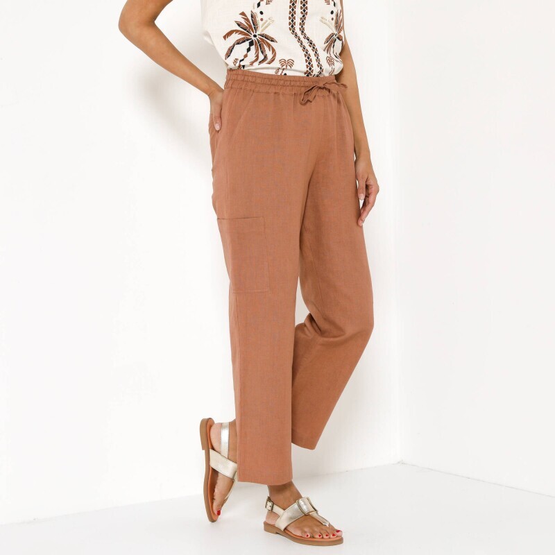 Pantaloni lați 7/8 cu buzunare, confecționați dintr-un amestec de bumbac și in