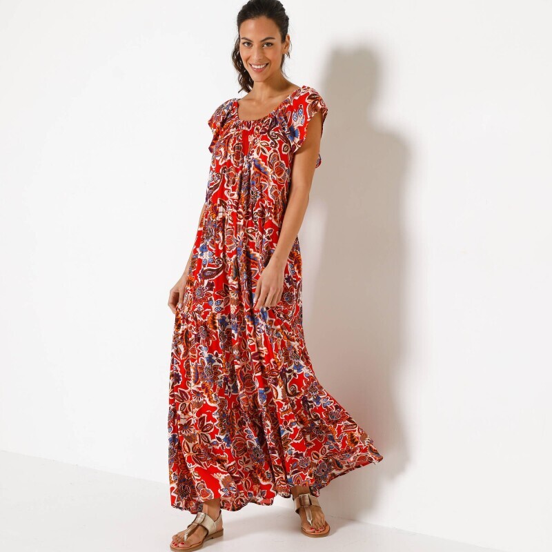 Długa sukienka z krepy z nadrukiem i falbankami