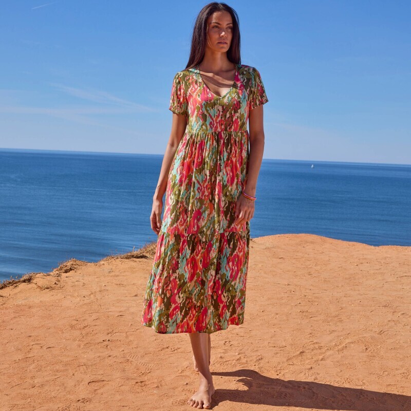 Rochie midi din crep cu decolteu în V și imprimeu multicolor