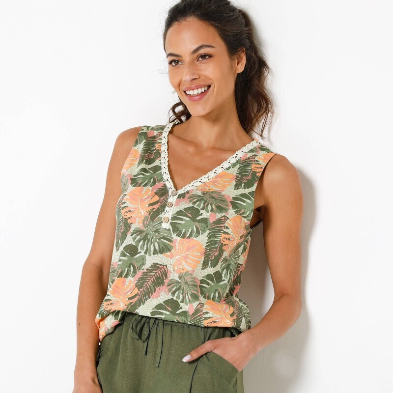 Bluzka z dekoltem w serek, wykończeniem makramowym i nadrukiem liści