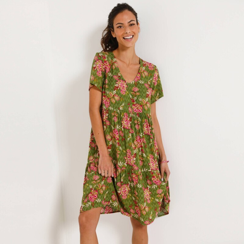 Krótka sukienka z krepy z dekoltem w serek i kwiatowym nadrukiem