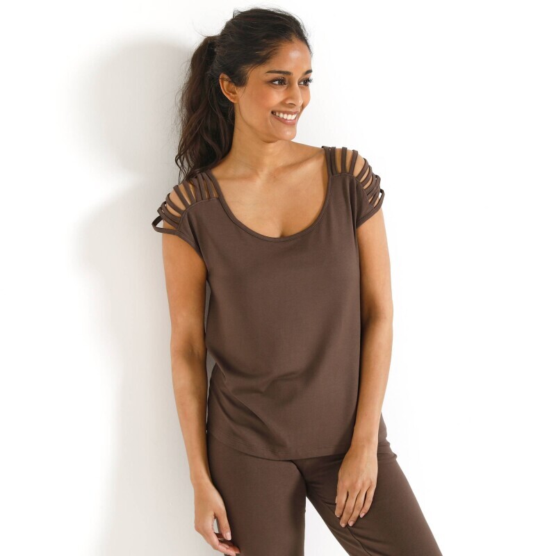 Однотонна футболка з декоративними шнурами на плечах