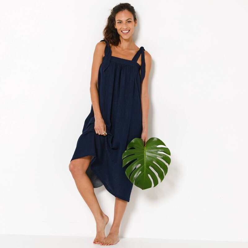 Rozkloszowana sukienka midi z muślinu z wiązaniem na ramiączkach