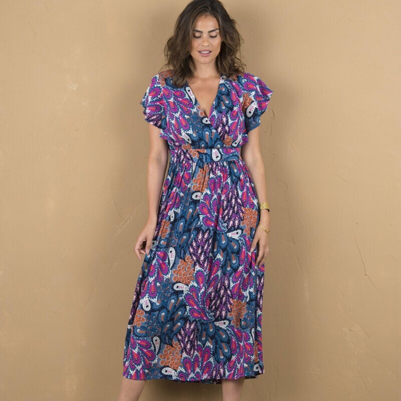 Krepónové midi šaty s potlačou a zavinovacím výstrihom
