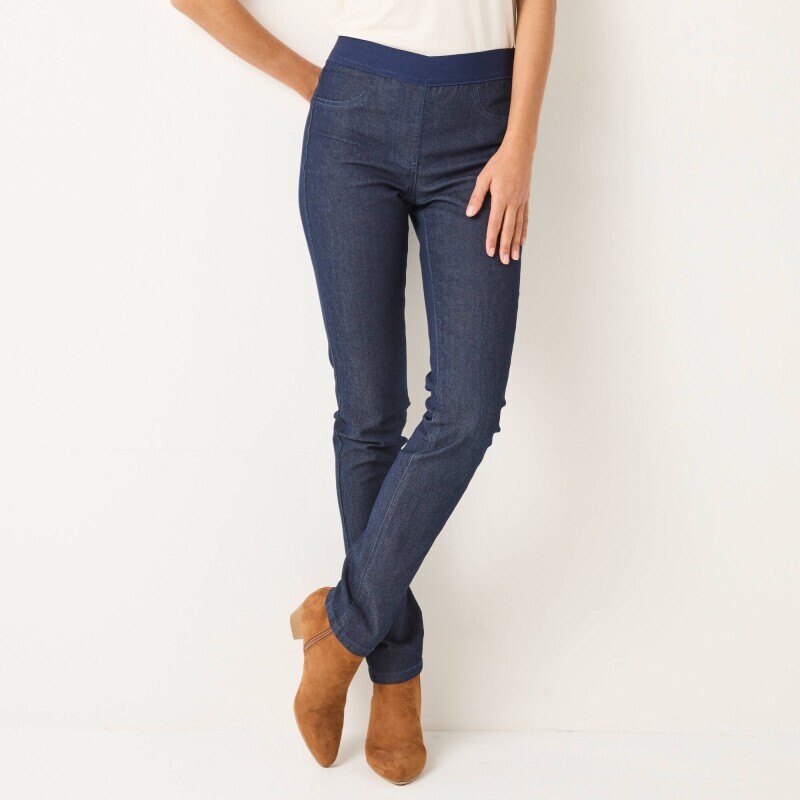 Colanți elastici din denim cu talie elastică, pentru o siluetă mai scundă