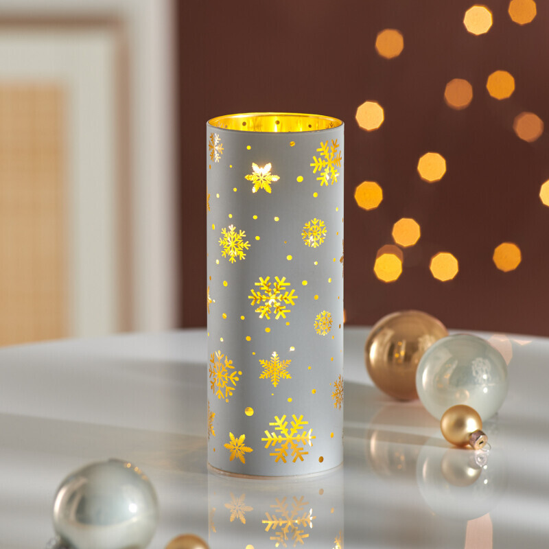 Lumânare tip pastilă cu LED, din sticlă, fulgi de zăpadă