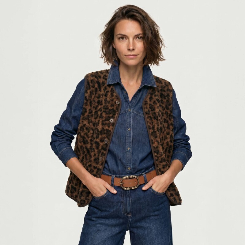 Buklé vesta s leopardím vzorom