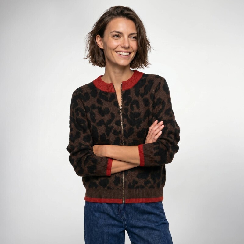Sveter na zips v bomber strihu s leopardím vzorom