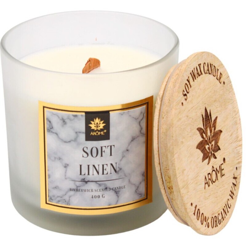 ARÔME Svíčka s dřevěným knotem a víčkem, Soft Linen, 400 g