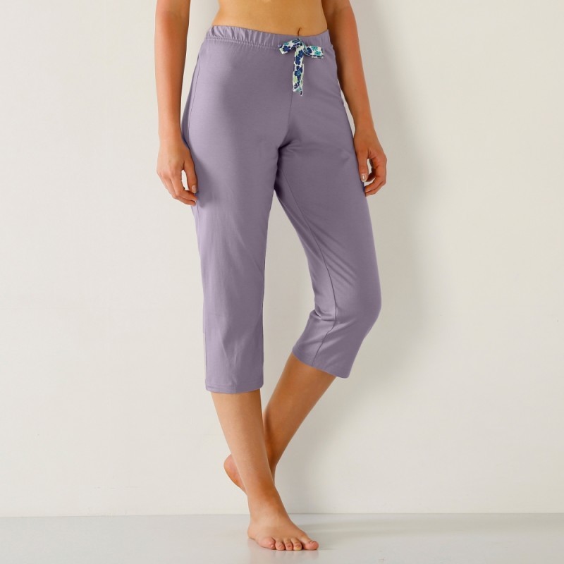 Jednobarevné 3/4 pyžamové kalhoty, mašlička, potisk květy