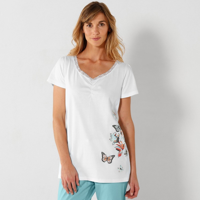 Pyžamové tričko s krátkými rukávy, středový potisk motýlů