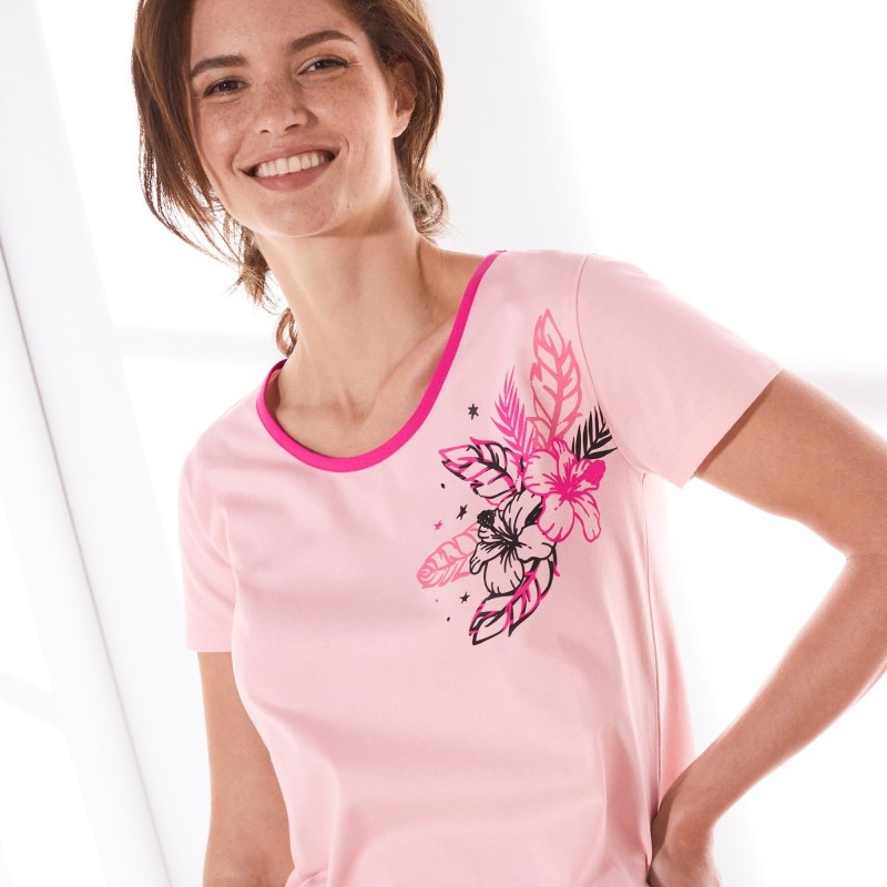     Pyžamové tričko s krátkými rukávy, středový motiv květin