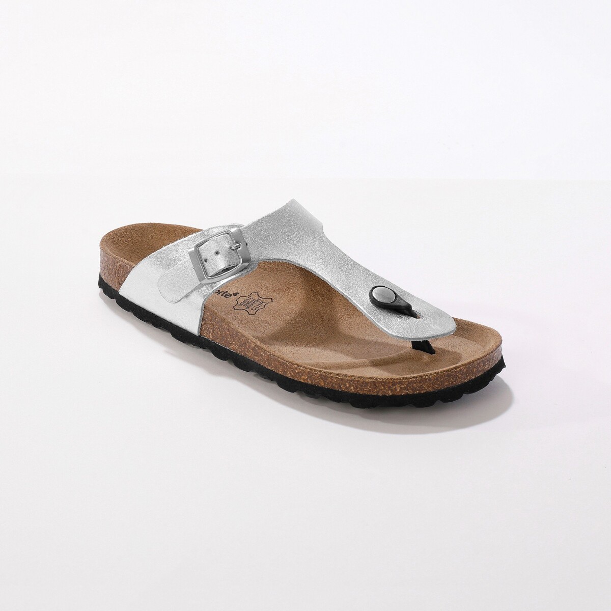 Žabkové kožené sandály se sponou, stříbrné