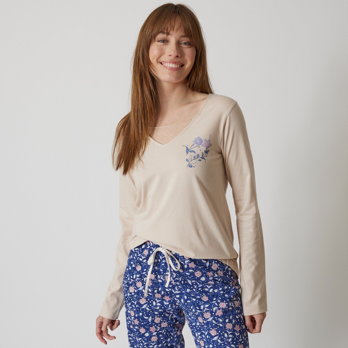 Pyžamové tričko s dlhými rukávmi a potlačou kvetín